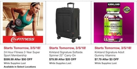 Costco In-Warehouse Hot Buys: Starts March 5, 2018: 24 Hour Fitness 2-year Super Sport Membership, Kirkland Signature Softside Spinner 22" Carry-on, Kirkland Signature Adult Gummy Vitamins