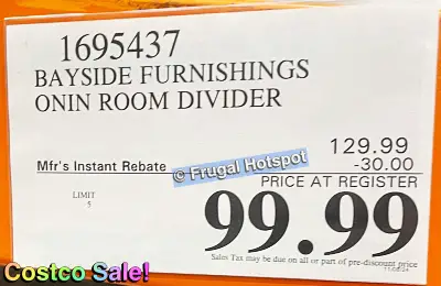 Bayside Furnishings Onin Room Divider | Costco Sale Price | Item 1695437