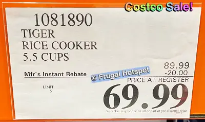 Tiger 5 Cup Rice Cooker | Costco Sale Price