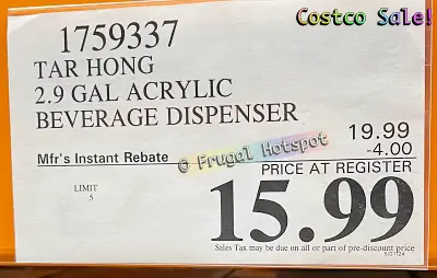 Tarhong 2.9 Gallon Acrylic Drink Dispenser | Costco Sale Price | Item 1759337