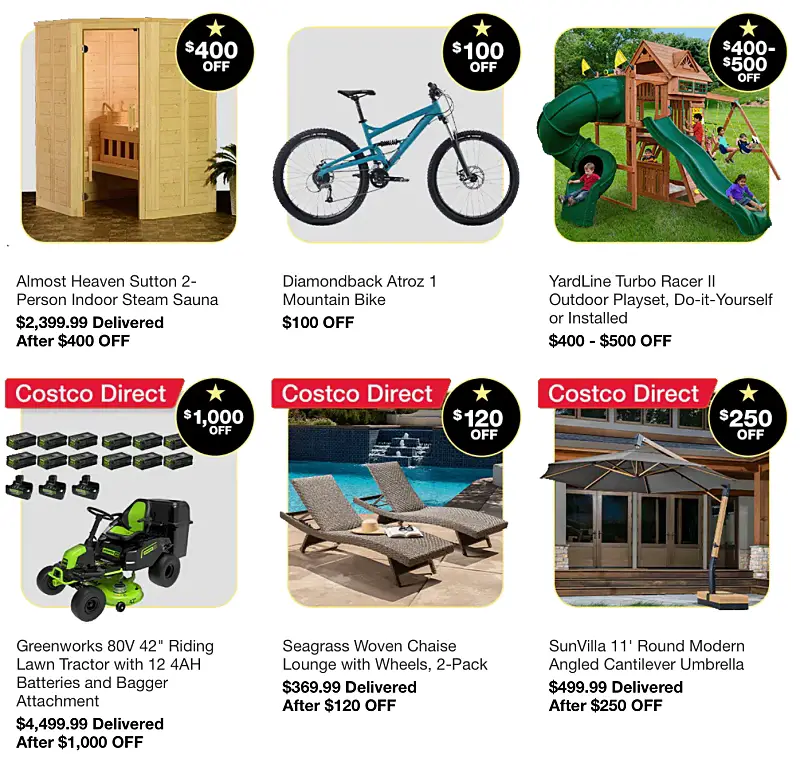 Costco Member Savings Days JULY 2024 | sauna and bike and playset and lawn tractor and lounge and umbrella